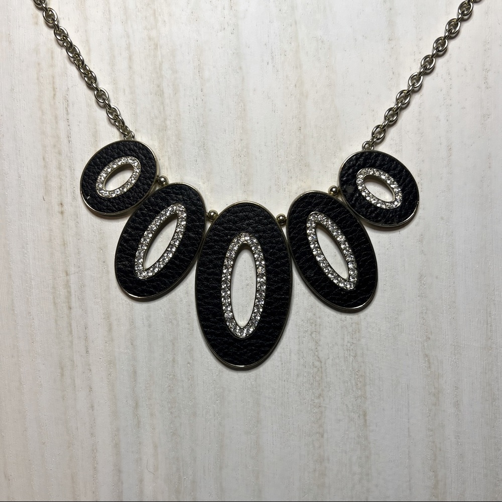 Black Leather and Rhinestone Silver Tone Statement Necklace